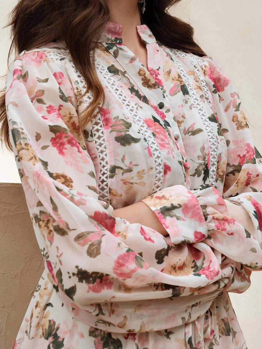 Pink Vacation Midi Dress Womens Elegant Floral Print Long Dress Colorful amp Graceful Dress For