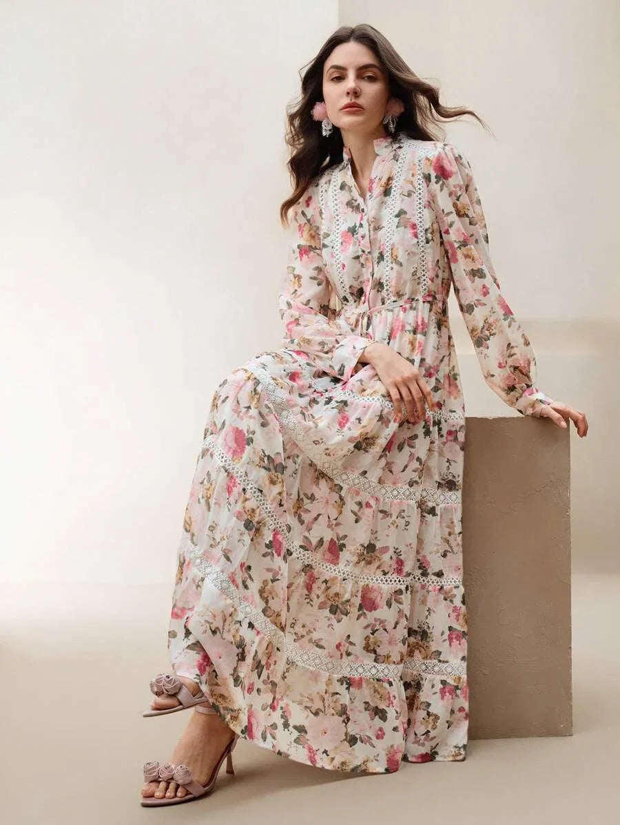 Pink Vacation Midi Dress Womens Elegant Floral Print Long Dress Colorful amp Graceful Dress For