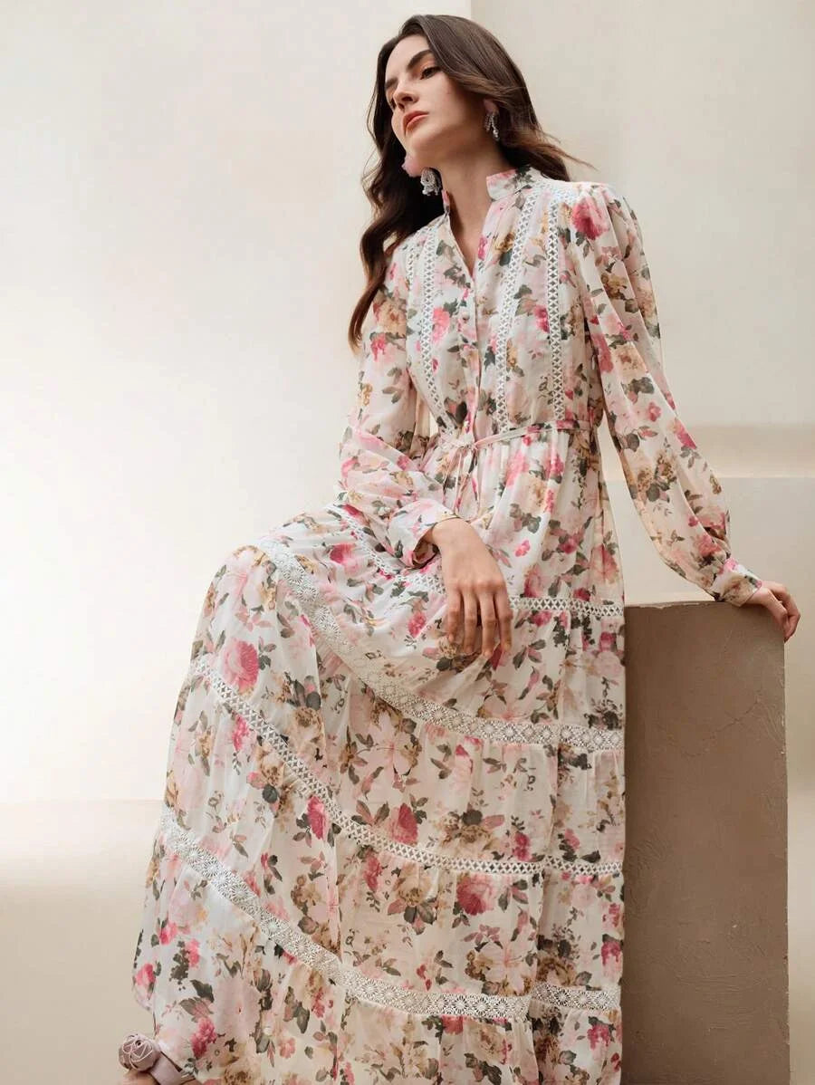 Pink Vacation Midi Dress Womens Elegant Floral Print Long Dress Colorful amp Graceful Dress For