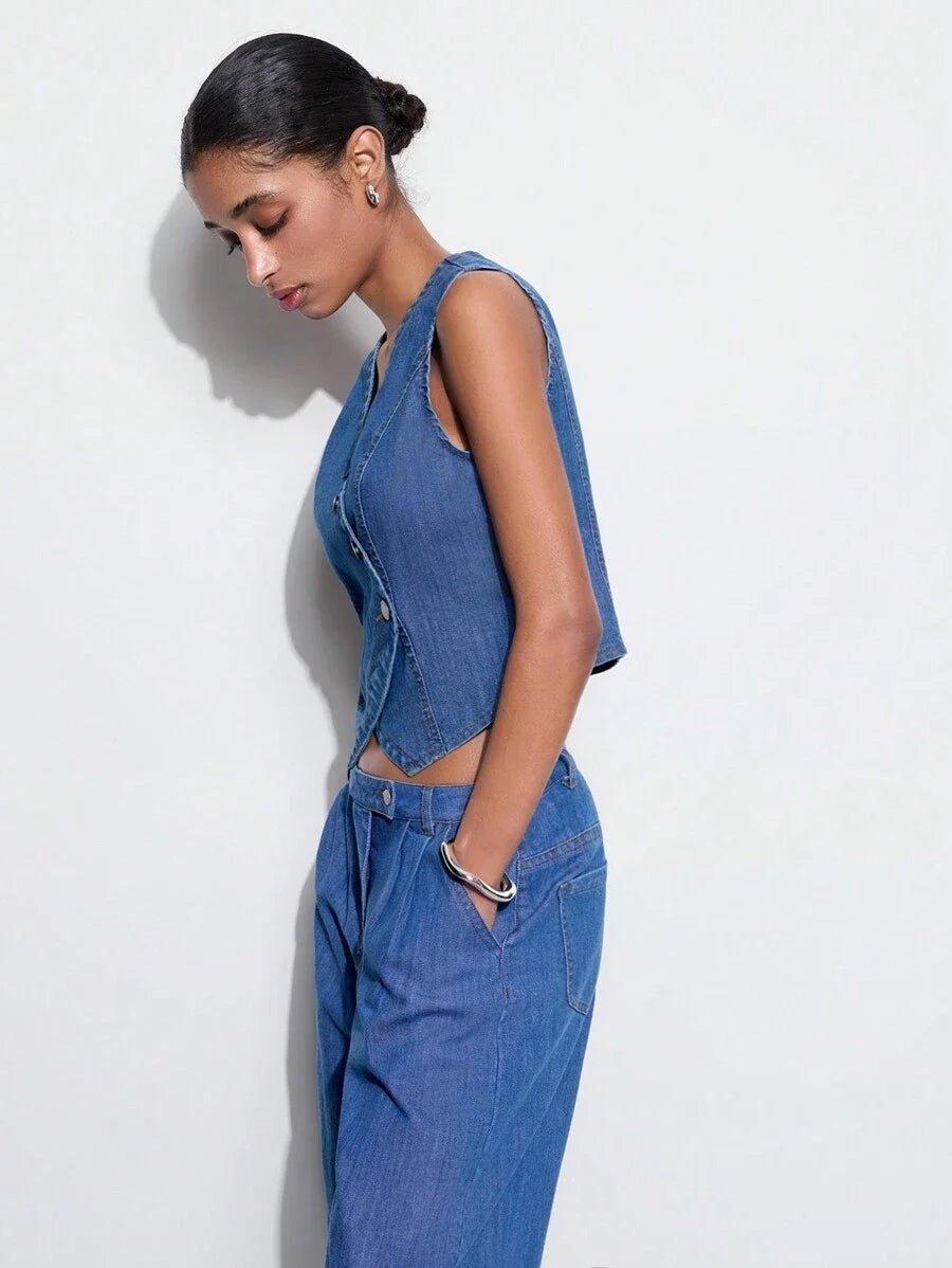 Piper Denim Top with Asymmetric Button Detail in Blue - Blue