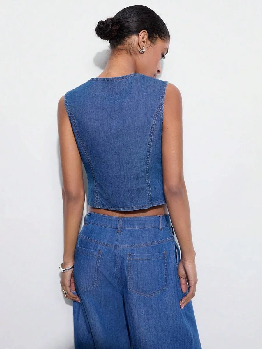 Piper Denim Top with Asymmetric Button Detail in Blue - Blue