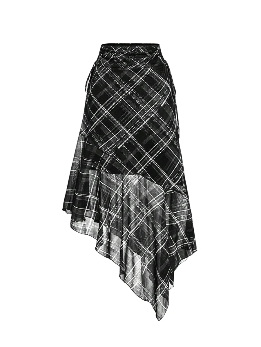 Plaid Bow Tie Drawstring Asymmetrical Hem Casual Retro Skirt
