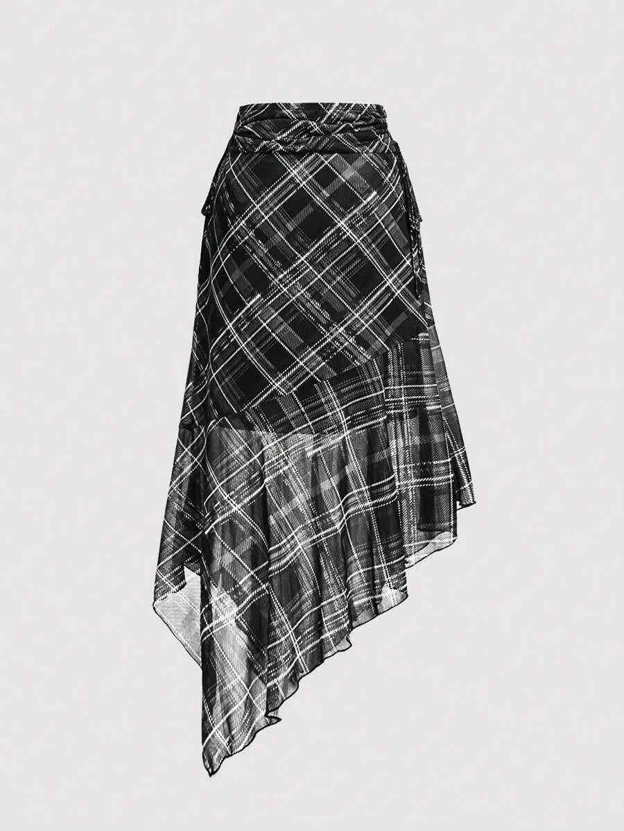 Plaid Bow Tie Drawstring Asymmetrical Hem Casual Retro Skirt