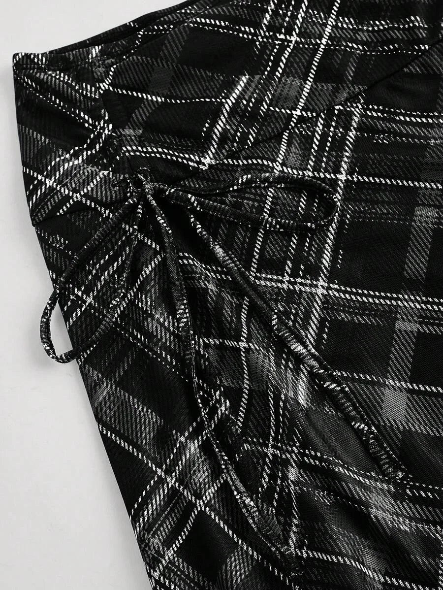 Plaid Bow Tie Drawstring Asymmetrical Hem Casual Retro Skirt