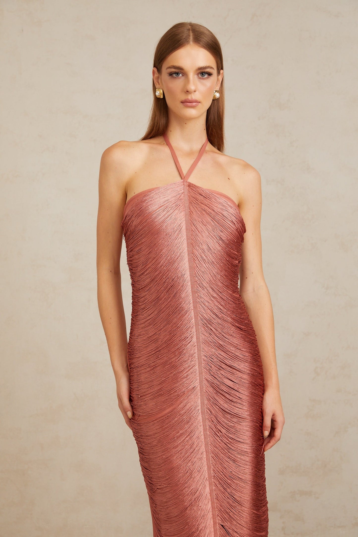 Polliana Pink Fringed Corset Maxi Gown