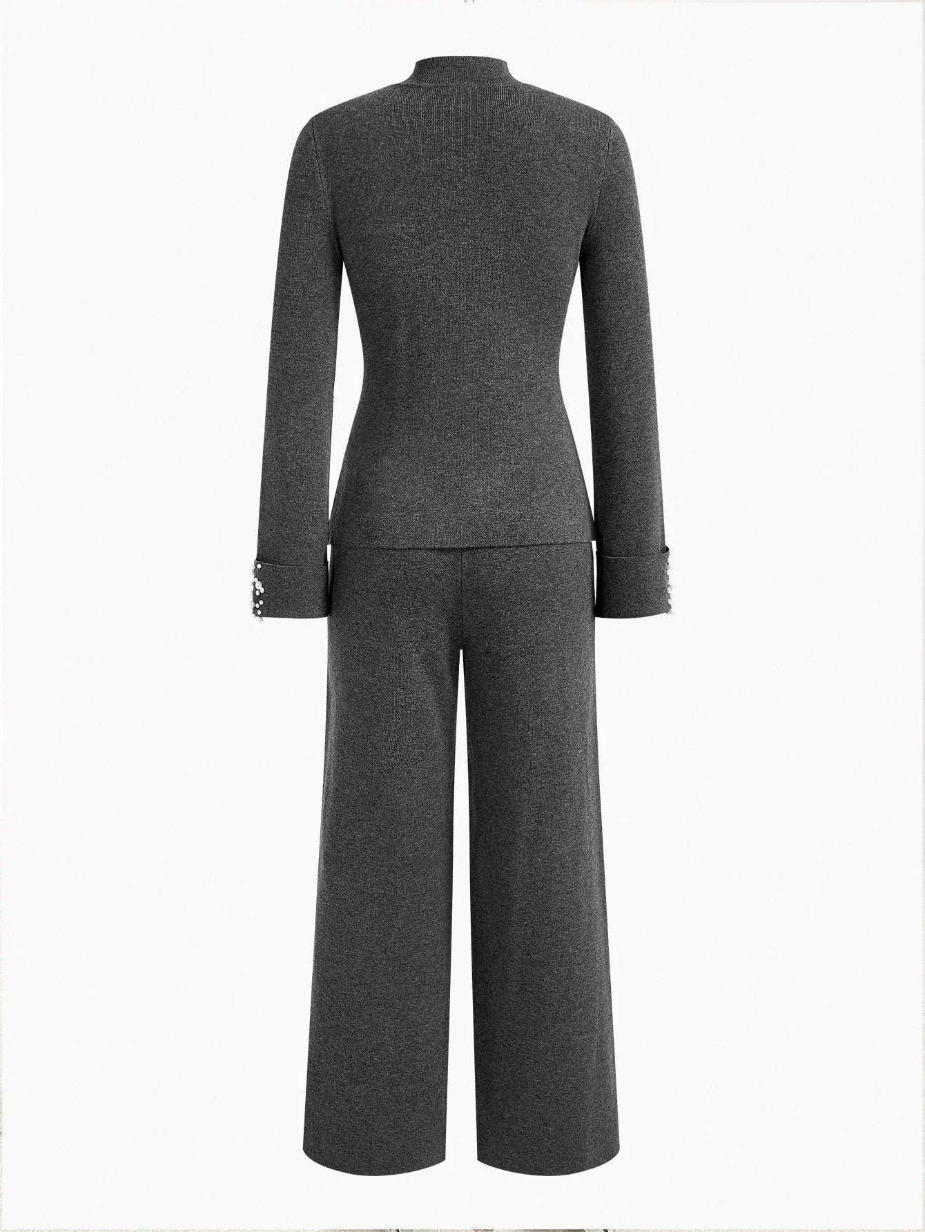 PREMIUM 2PCS ELEGANT KNIT SET FITTED SWEATER WITH FAUX PEARL CUFF DECOR WIDE LEG KNIT PANTS