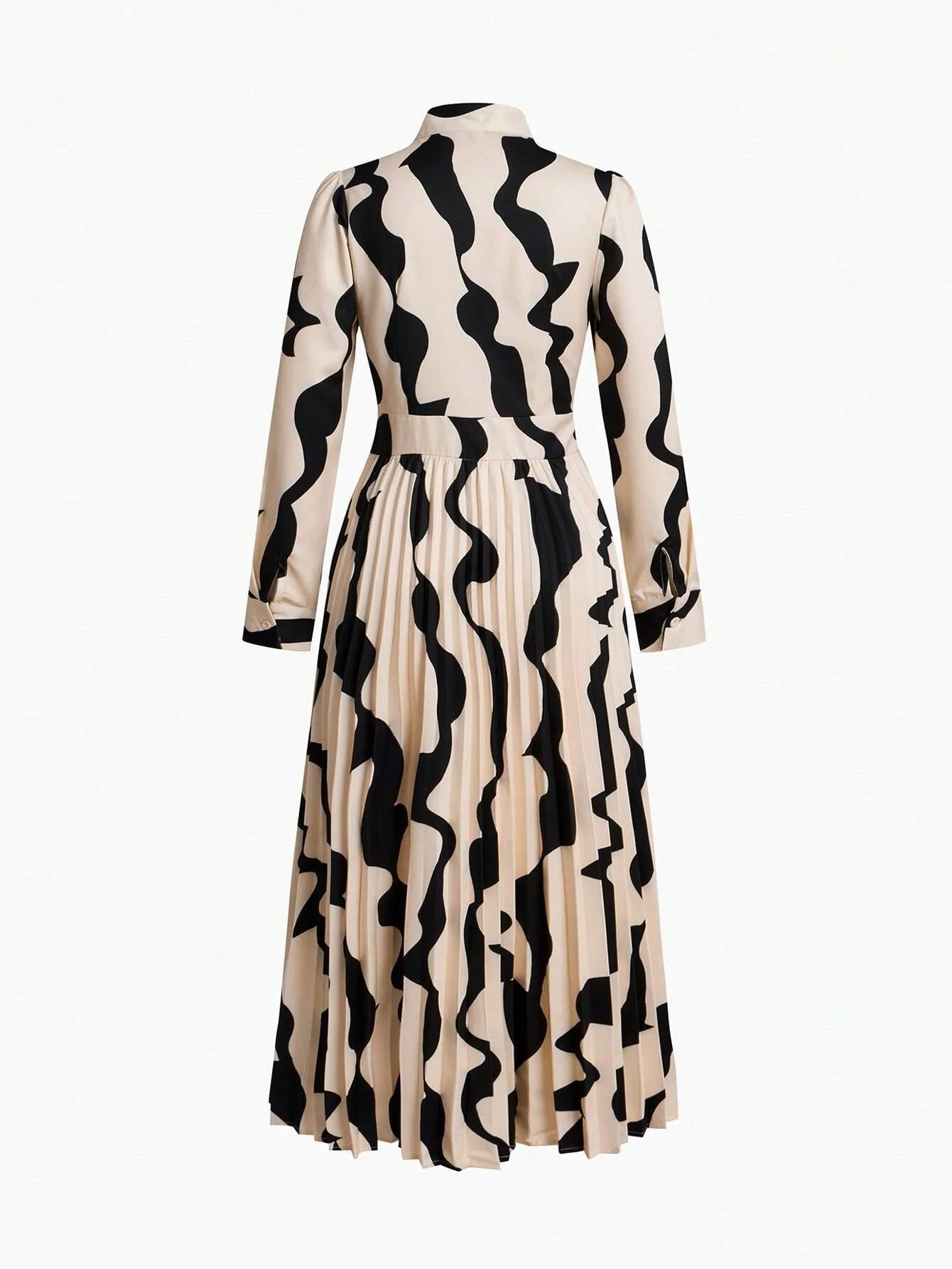 PREMIUM ALLOVER PRINT TIE NECK PUFF SLEEVE PLEATED HEM LONG DRESS WITHOUT BELT WOMEN OUTFIT