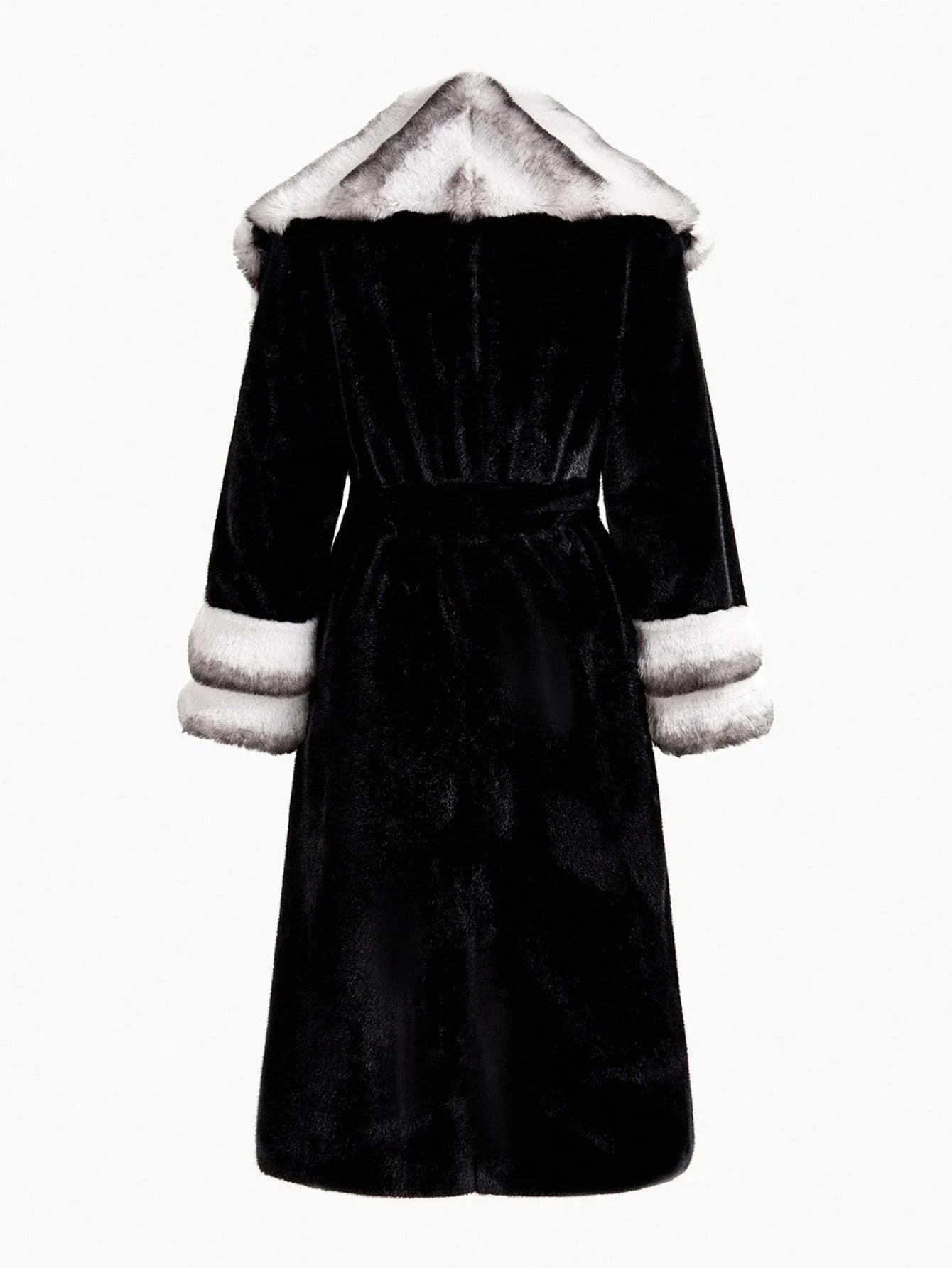 PREMIUM BELTED COLORBLOCK FAUX FUR COAT