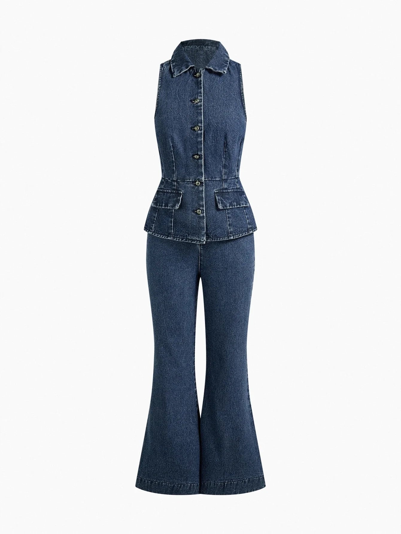 PREMIUM BUTTON UP SLEEVELESS DENIM BLOUSE amp FLARE LEG JEANS OUTFIT