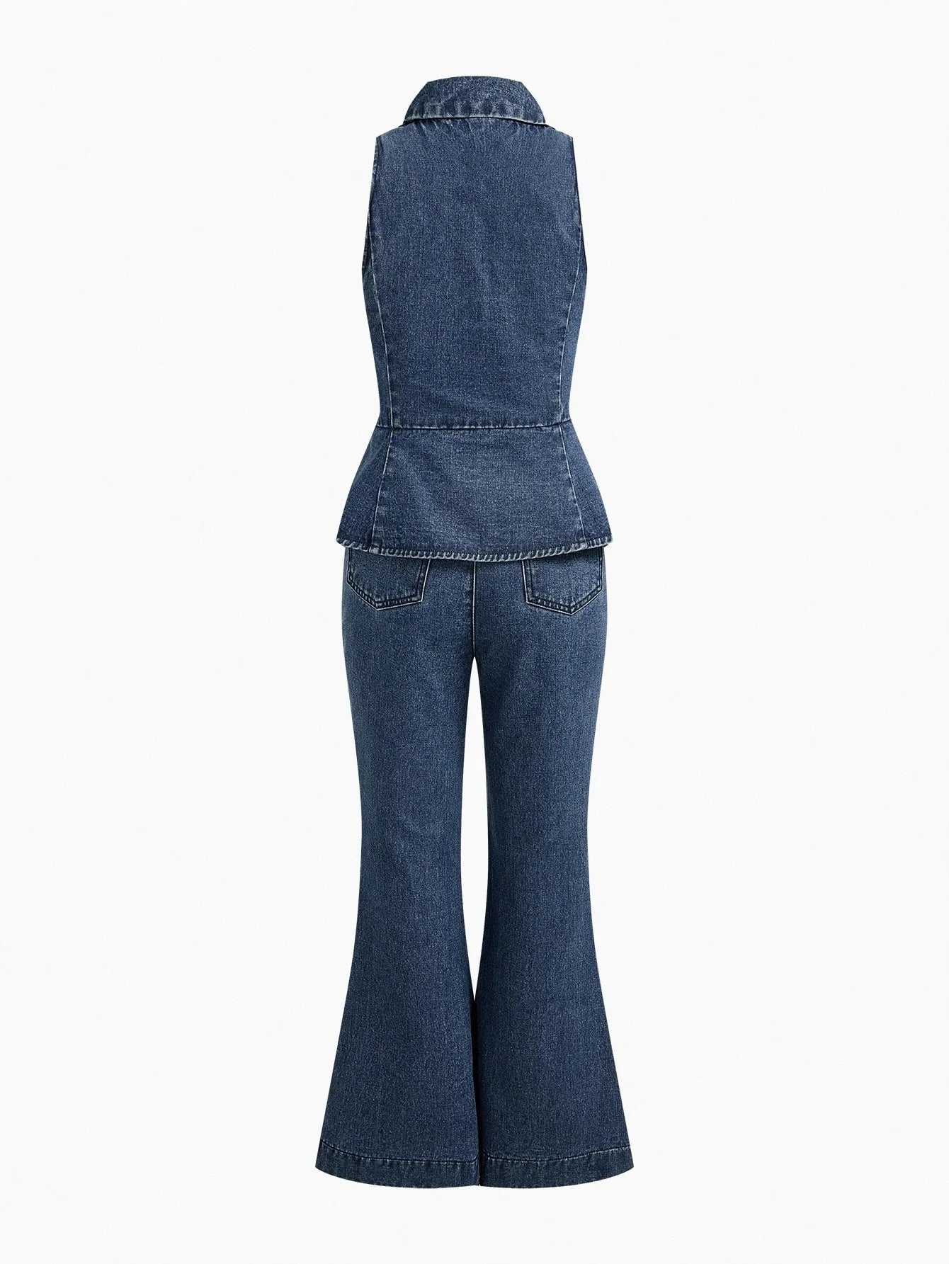 PREMIUM BUTTON UP SLEEVELESS DENIM BLOUSE amp FLARE LEG JEANS OUTFIT