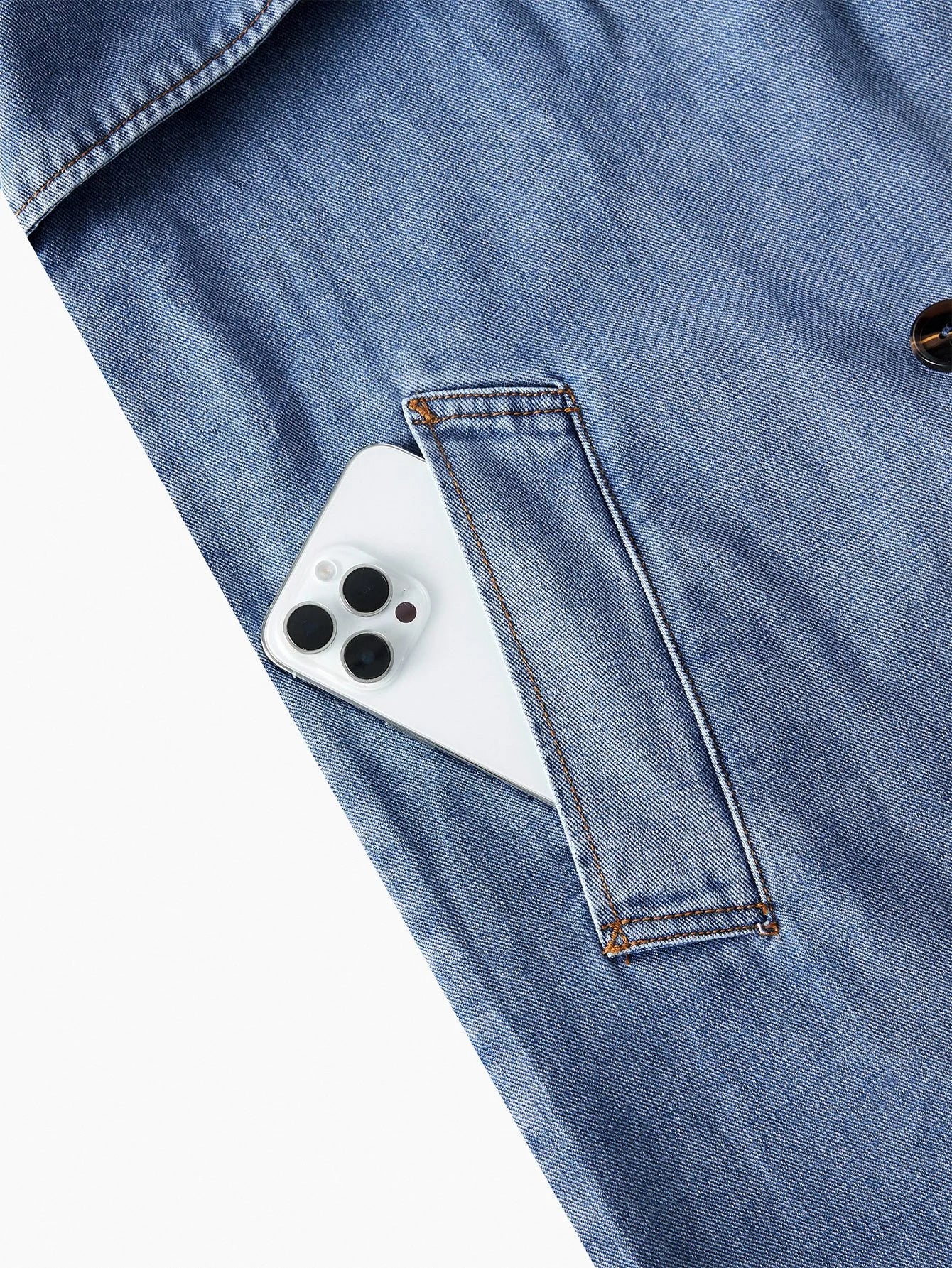 PREMIUM CASUAL ELEGANT LOOSE DOUBLE BREASTED PLACKET BELTED DENIM TRENCH COAT