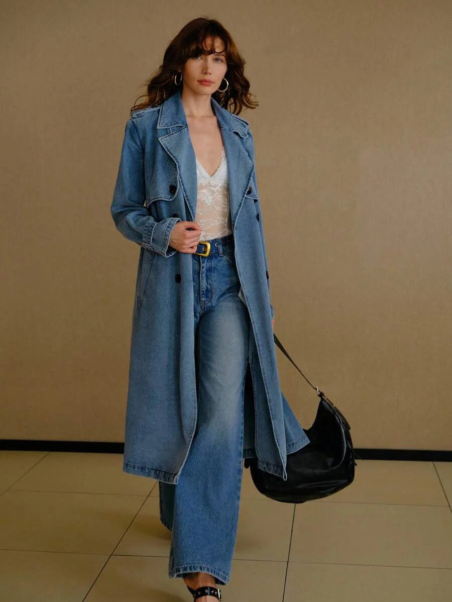 PREMIUM CASUAL ELEGANT LOOSE DOUBLE BREASTED PLACKET BELTED DENIM TRENCH COAT