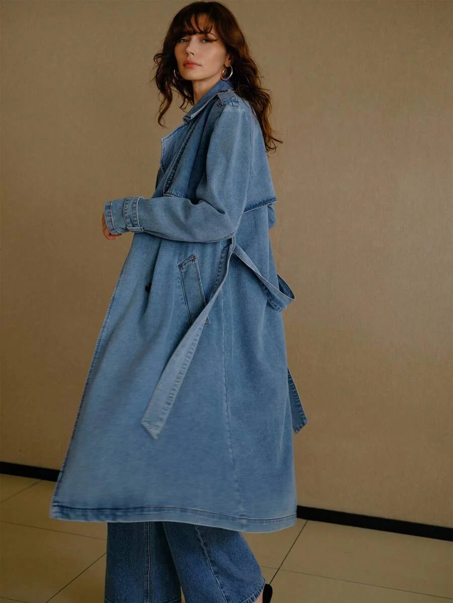 PREMIUM CASUAL ELEGANT LOOSE DOUBLE BREASTED PLACKET BELTED DENIM TRENCH COAT