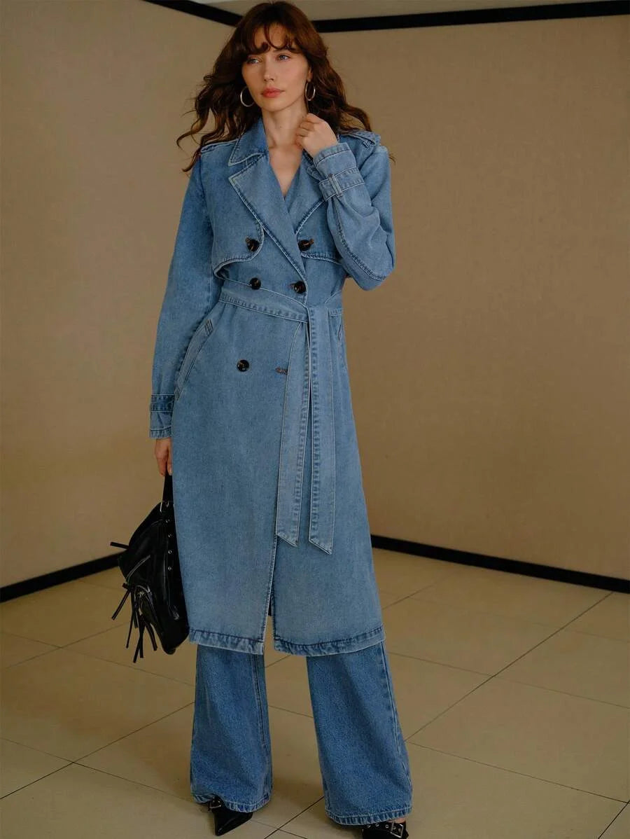 PREMIUM CASUAL ELEGANT LOOSE DOUBLE BREASTED PLACKET BELTED DENIM TRENCH COAT