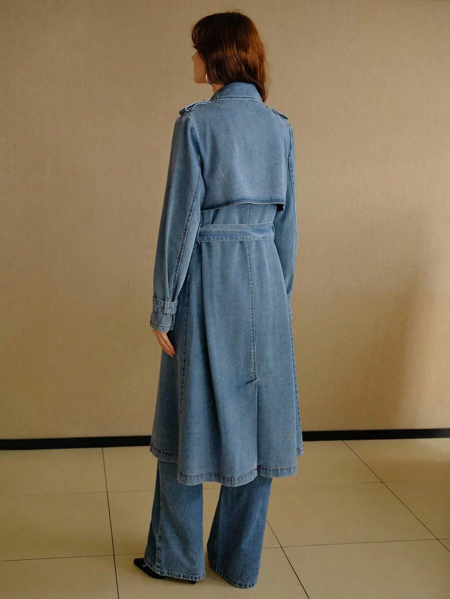 PREMIUM CASUAL ELEGANT LOOSE DOUBLE BREASTED PLACKET BELTED DENIM TRENCH COAT