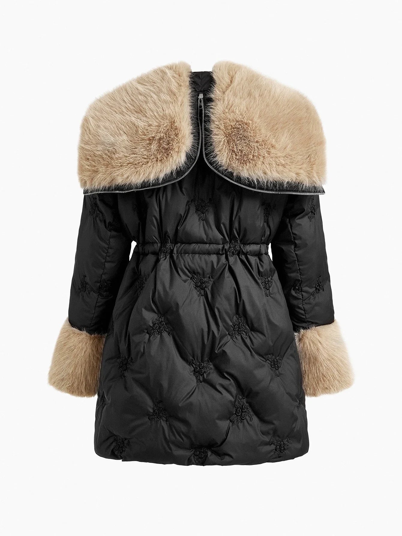 PREMIUM CONTRAST FUZZY TRIM EMBROIDERY WINTER COAT