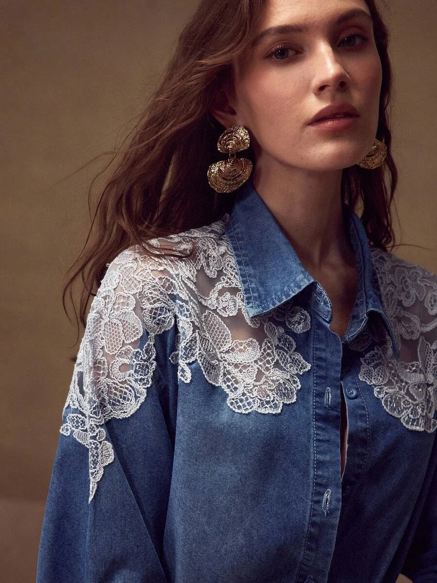 PREMIUM CONTRAST LACE BUTTON UP DENIM SHIRT