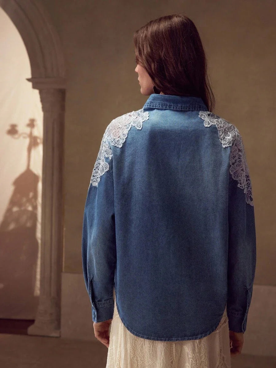 PREMIUM CONTRAST LACE BUTTON UP DENIM SHIRT