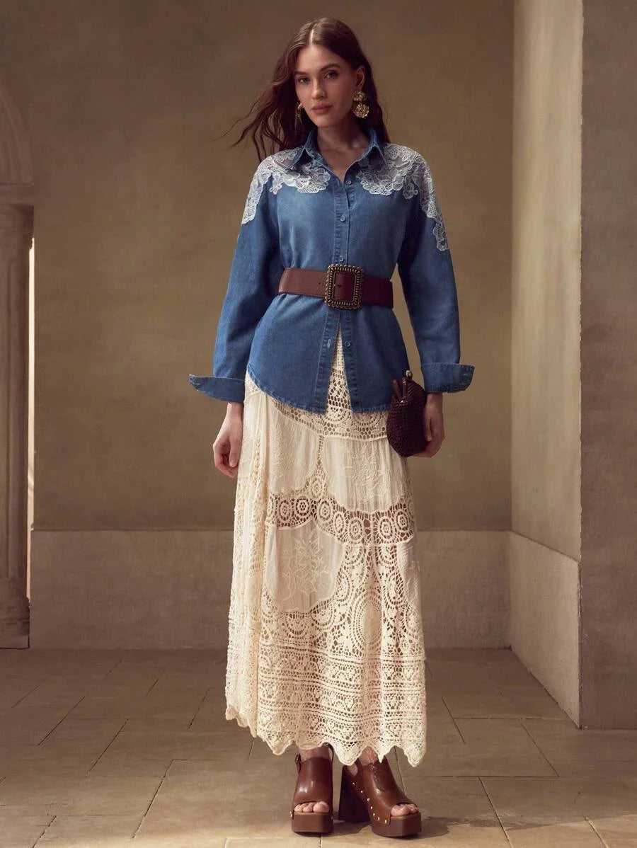 PREMIUM CONTRAST LACE BUTTON UP DENIM SHIRT