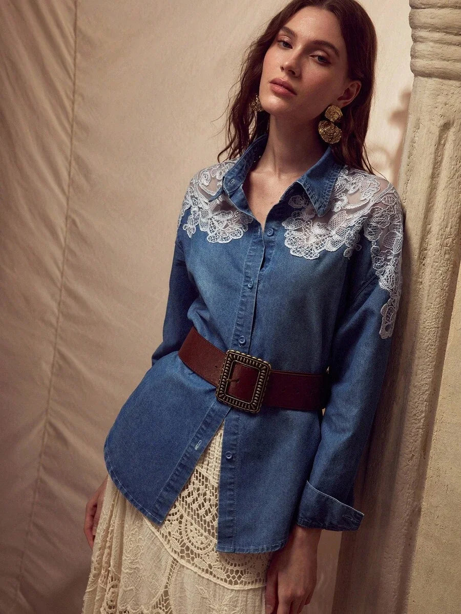 PREMIUM CONTRAST LACE BUTTON UP DENIM SHIRT