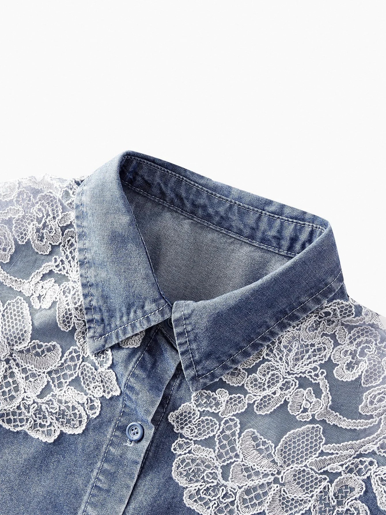 PREMIUM CONTRAST LACE BUTTON UP DENIM SHIRT