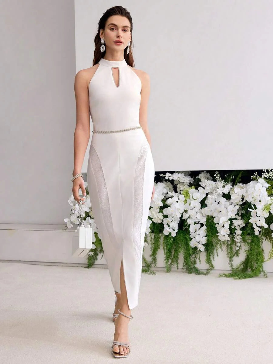PREMIUM CONTRAST LACE SPLIT HEM DRESS