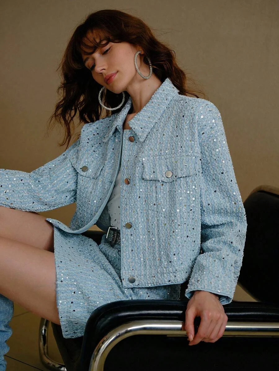 PREMIUM CONTRAST SEQUIN BUTTON UP DENIM JACKET