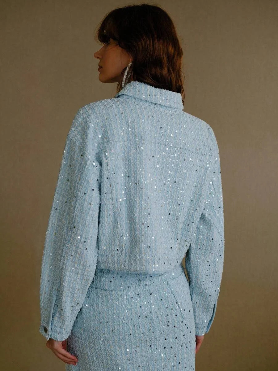 PREMIUM CONTRAST SEQUIN BUTTON UP DENIM JACKET