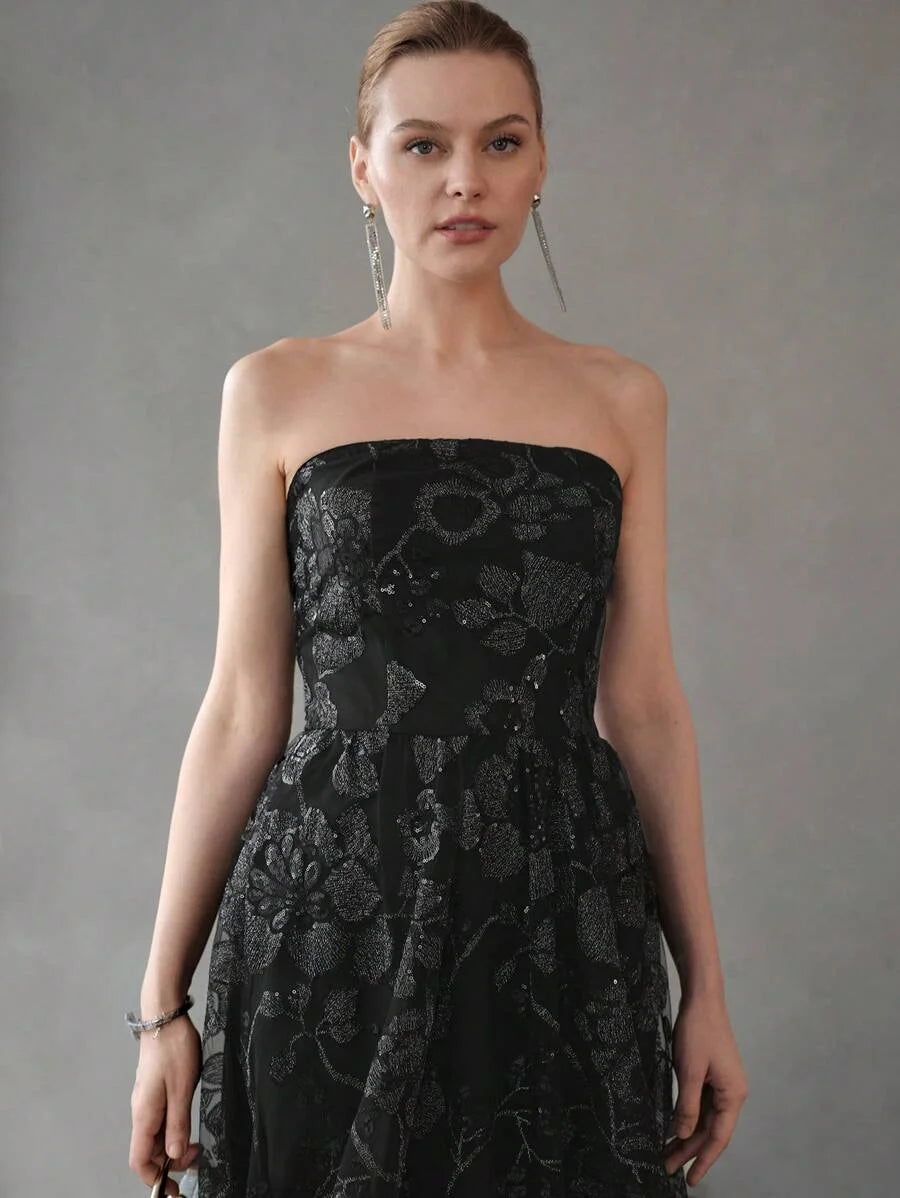 PREMIUM CONTRAST SEQUIN MESH OVERLAY FLARE HEM TUBE DRESSHOLIDAY PARTY BIRTHDAY FORMAL EVENING