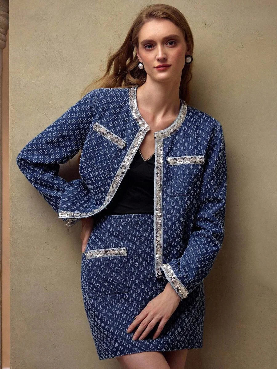 PREMIUM CONTRAST SEQUIN POCKET TOP amp SKIRT DENIM OUTFIT