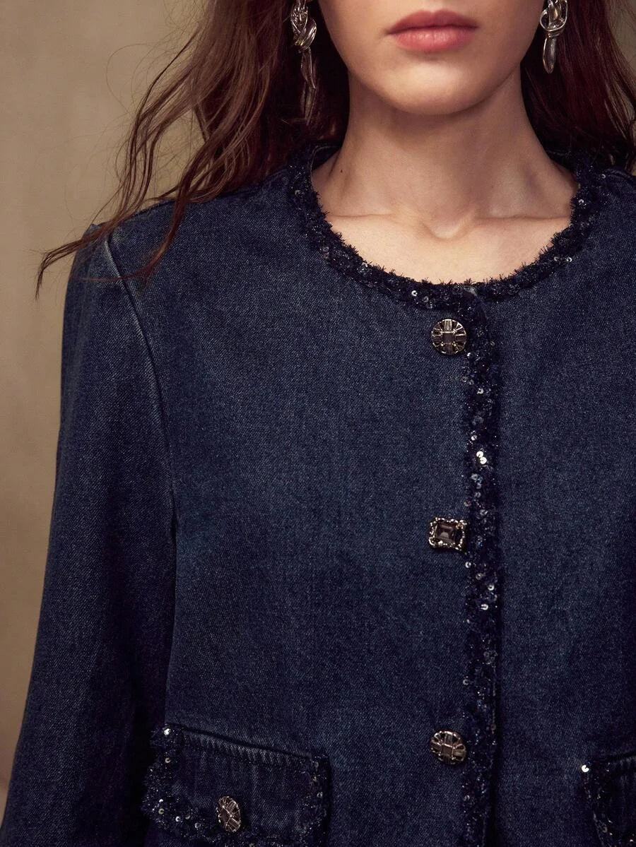 PREMIUM CONTRAST SEQUIN TRIM FLAP DETAIL CROP DENIM JACKET
