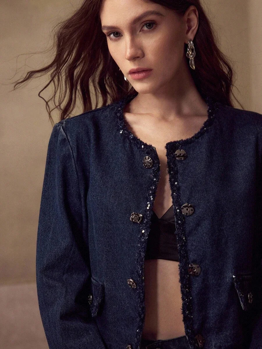 PREMIUM CONTRAST SEQUIN TRIM FLAP DETAIL CROP DENIM JACKET