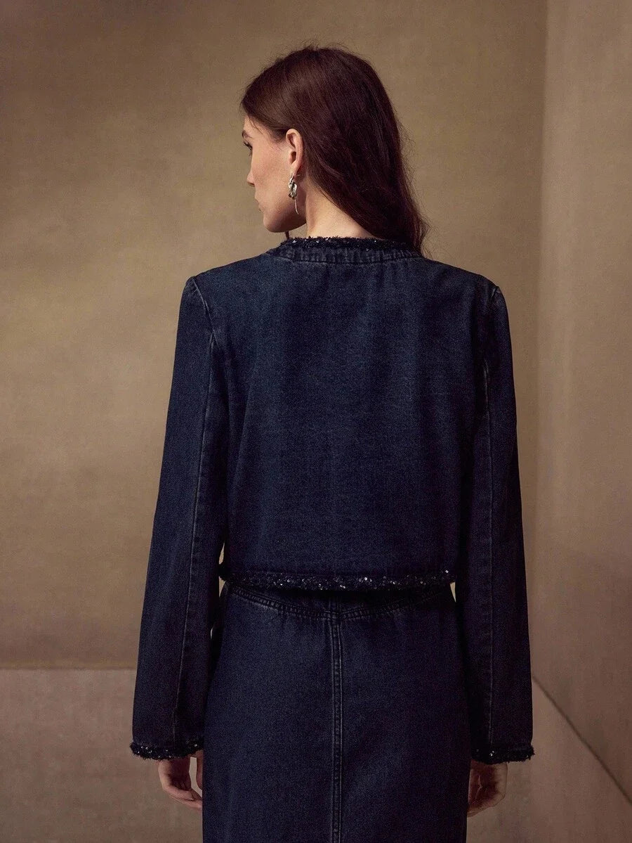 PREMIUM CONTRAST SEQUIN TRIM FLAP DETAIL CROP DENIM JACKET