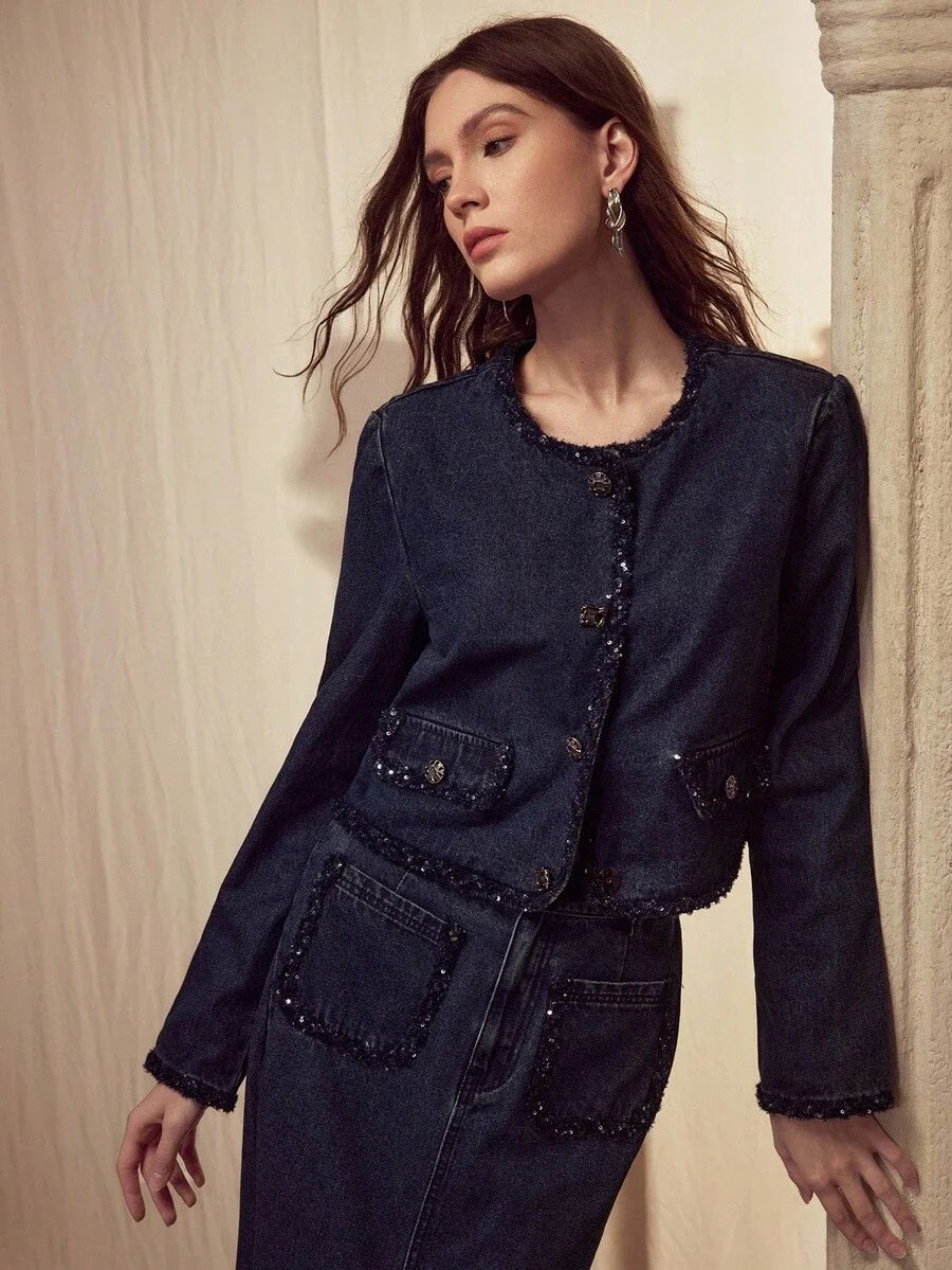 PREMIUM CONTRAST SEQUIN TRIM FLAP DETAIL CROP DENIM JACKET