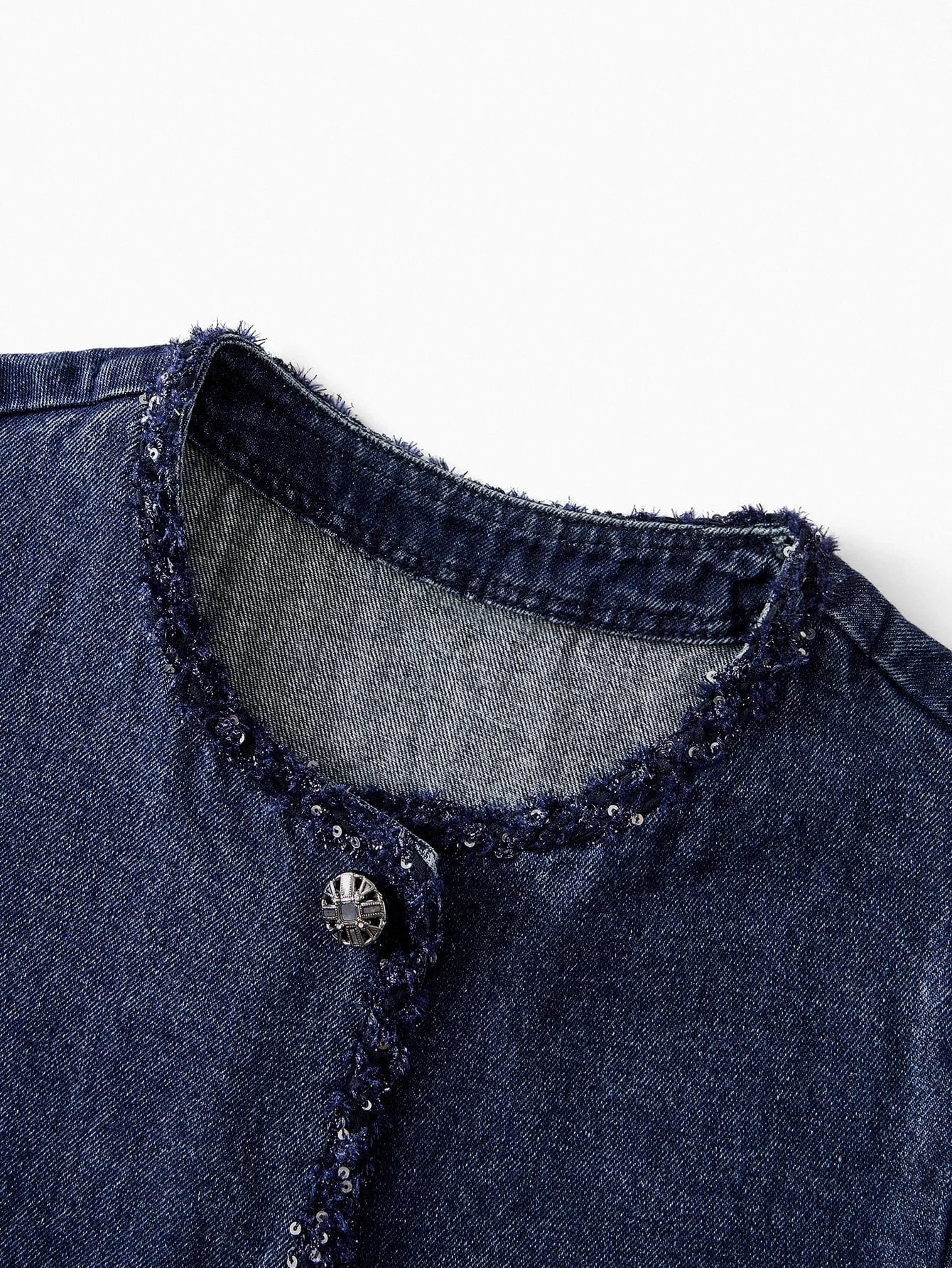 PREMIUM CONTRAST SEQUIN TRIM FLAP DETAIL CROP DENIM JACKET