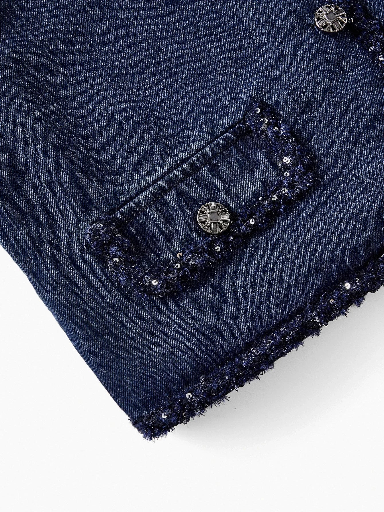 PREMIUM CONTRAST SEQUIN TRIM FLAP DETAIL CROP DENIM JACKET