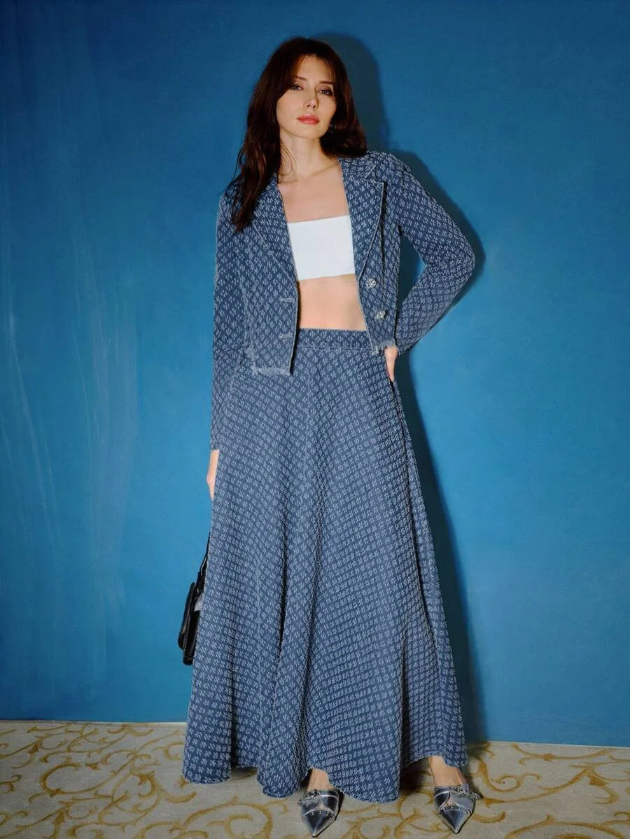 PREMIUM DENIM JACQUARD LAPEL COLLAR RAW EDGE JACKET amp MAXI SKIRT SET FALL WINTER