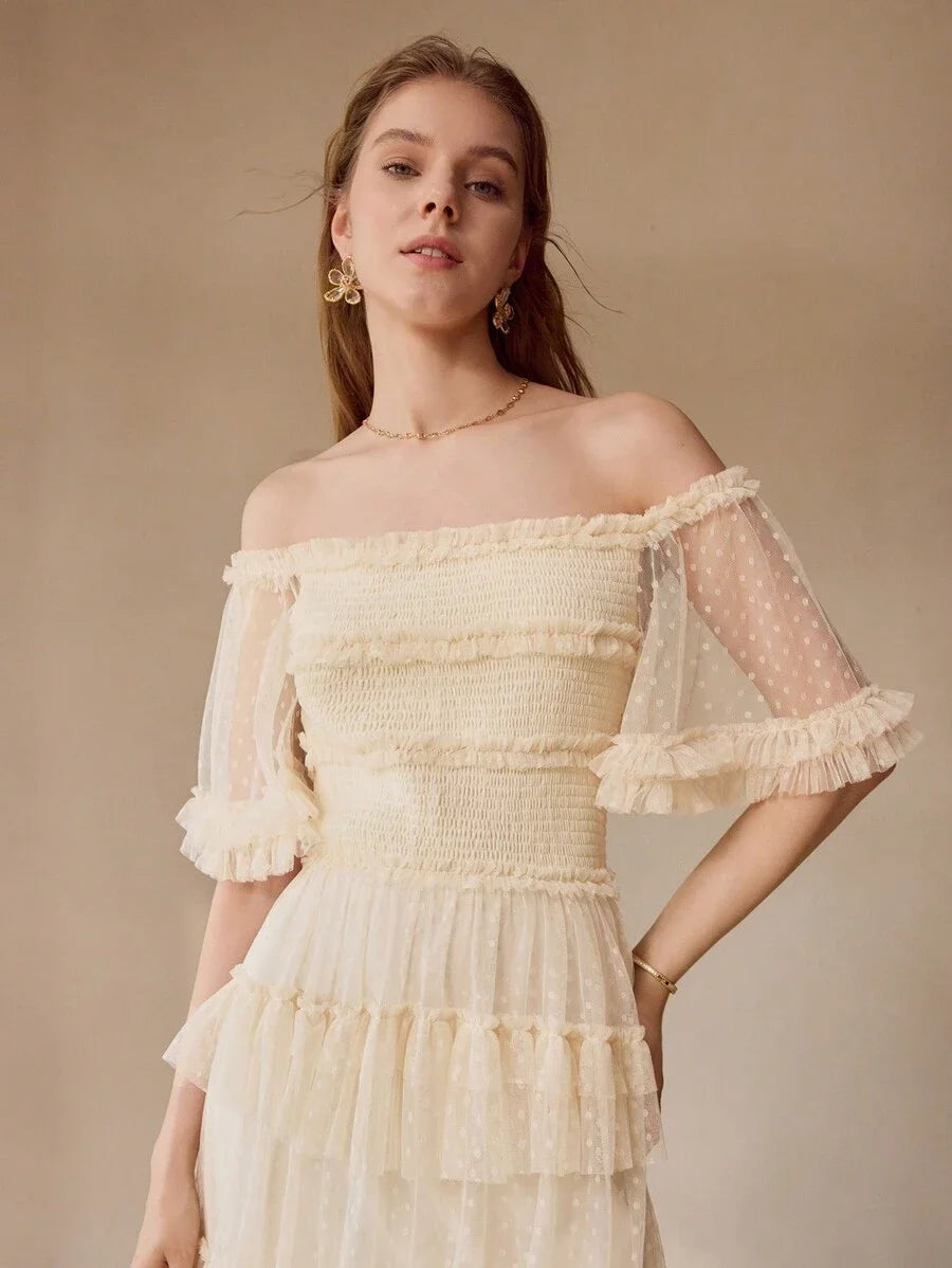 PREMIUM DOBBY MESH OVERLAY OFF SHOULDER SHIRRED BODICE LAYERED RUFFLE TRIM MAXI DRESS WOMEN OUTFIT
