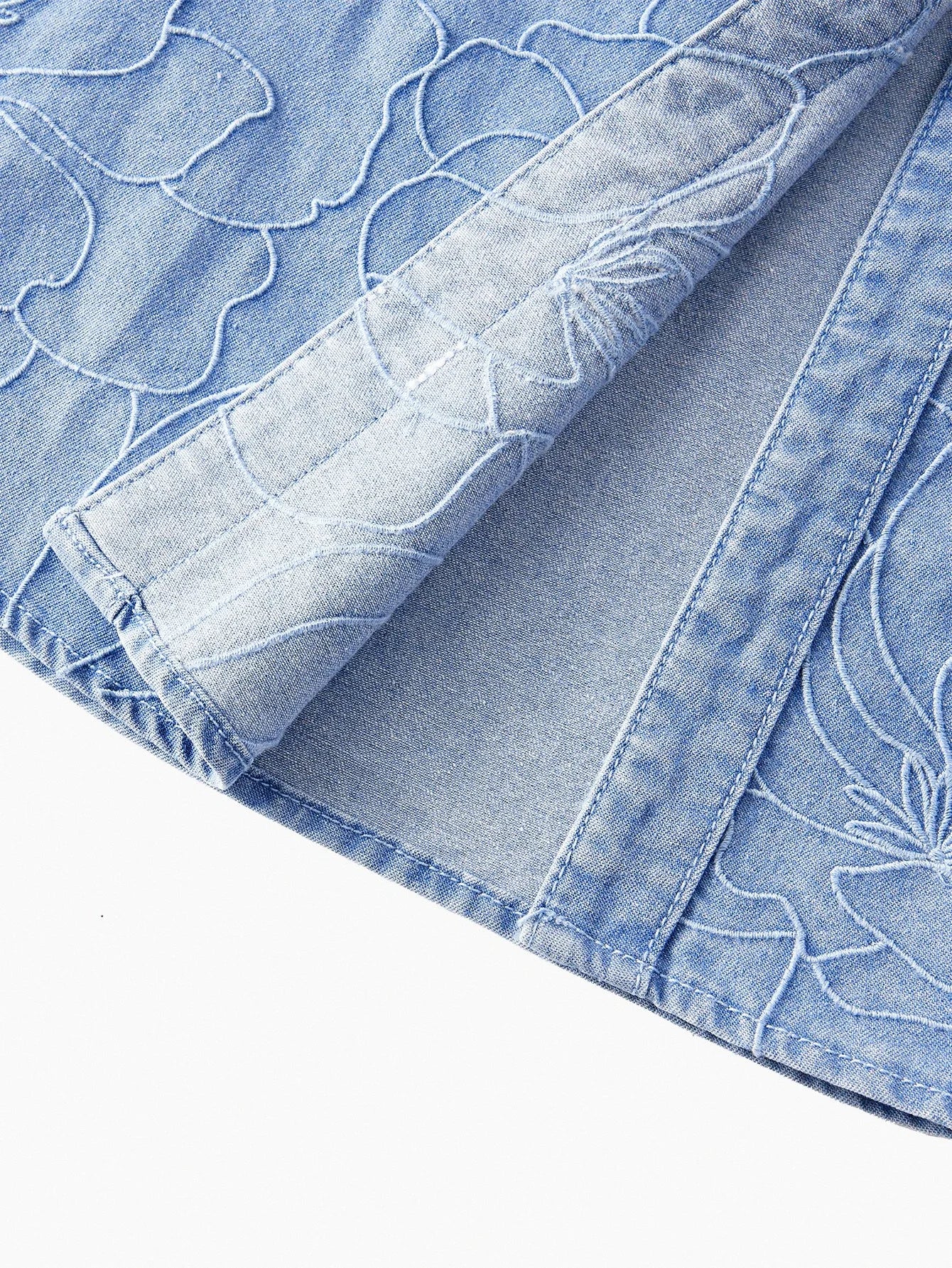 PREMIUM EMBROIDERY APPLIQUES BELTED DENIM DRESS