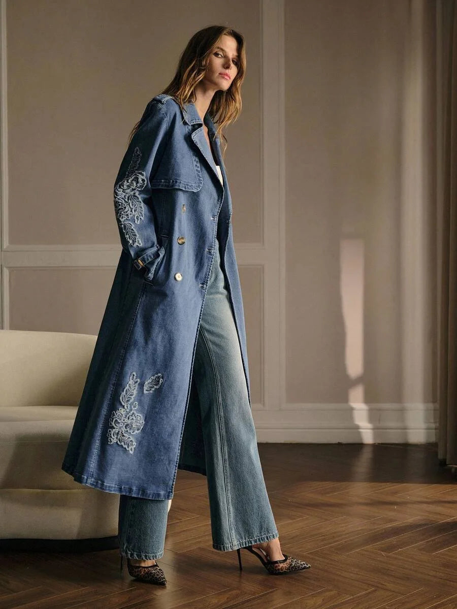 PREMIUM EMBROIDERY BELTED DENIM COAT