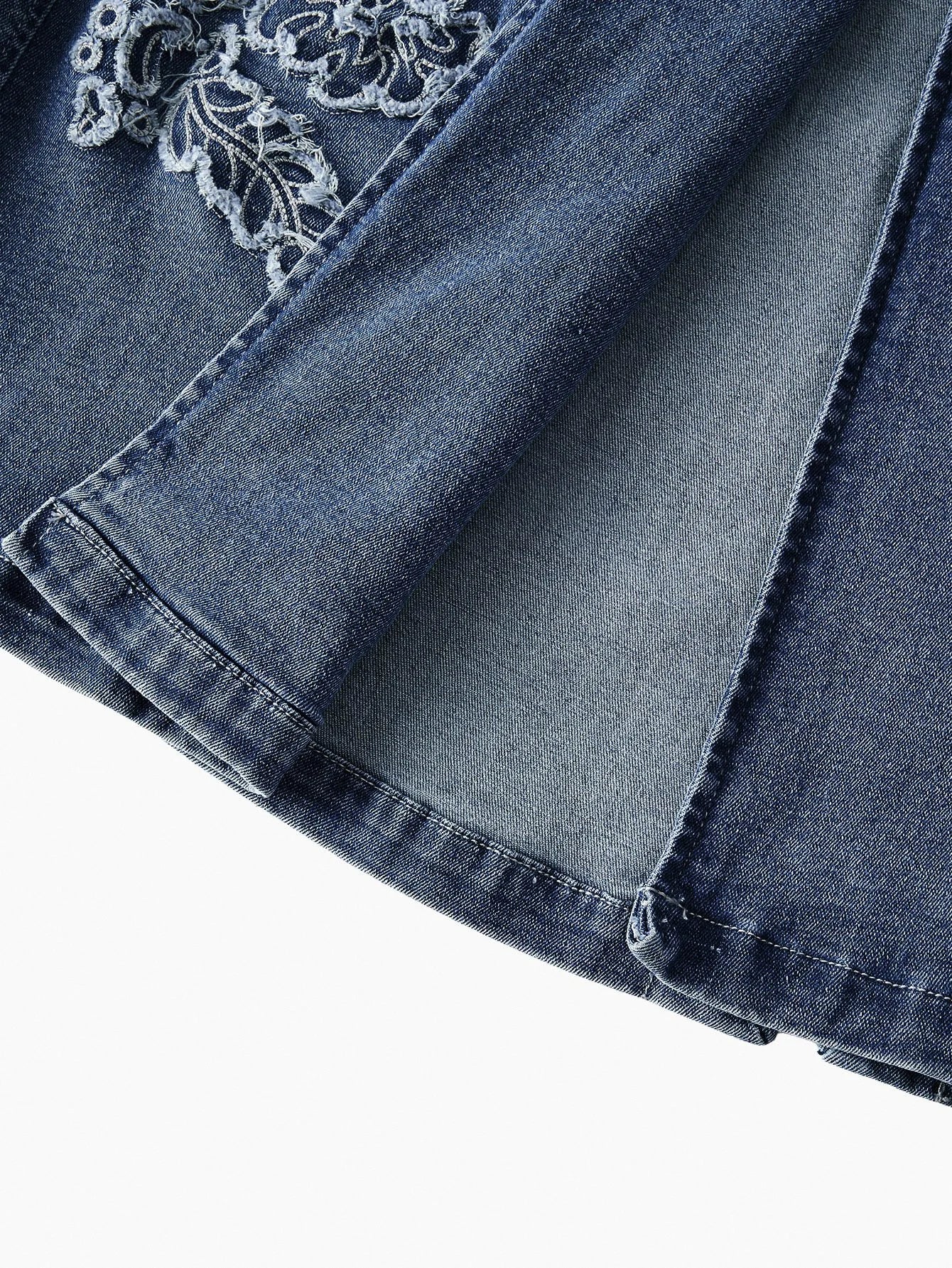 PREMIUM EMBROIDERY BELTED DENIM COAT