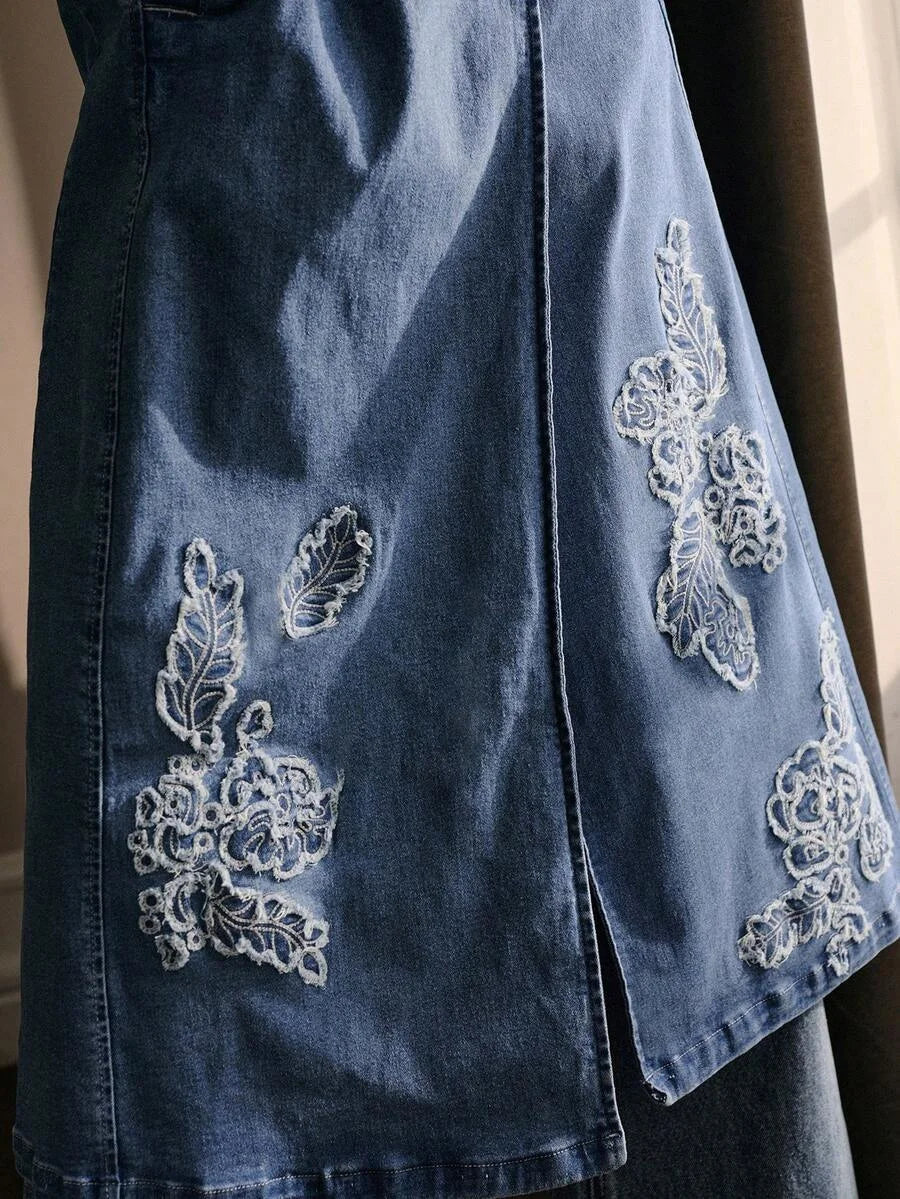 PREMIUM EMBROIDERY BELTED DENIM COAT