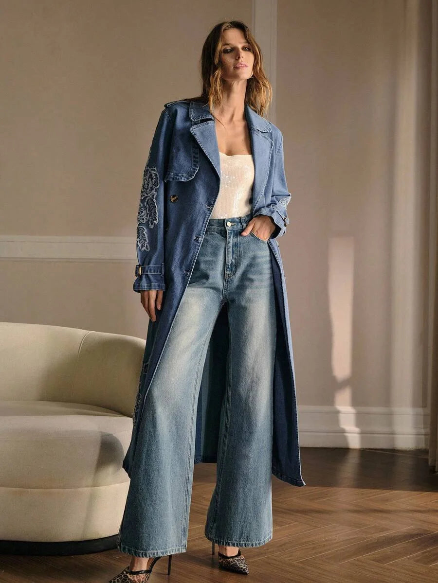 PREMIUM EMBROIDERY BELTED DENIM COAT