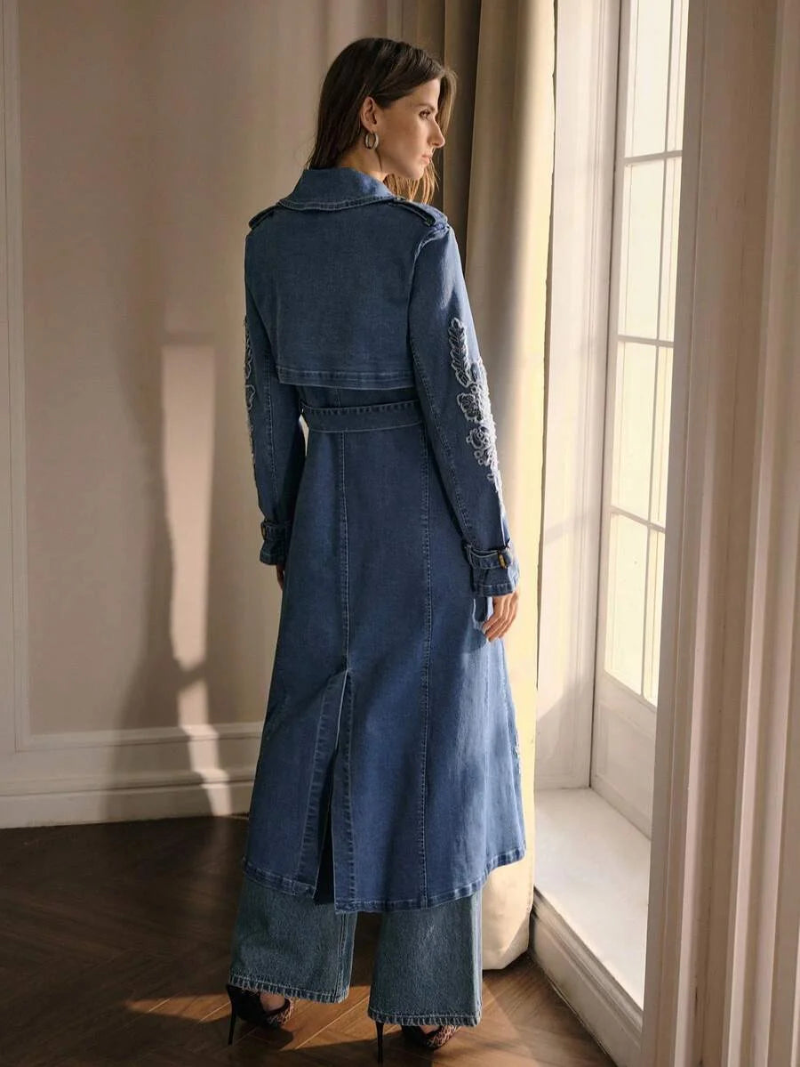 PREMIUM EMBROIDERY BELTED DENIM COAT