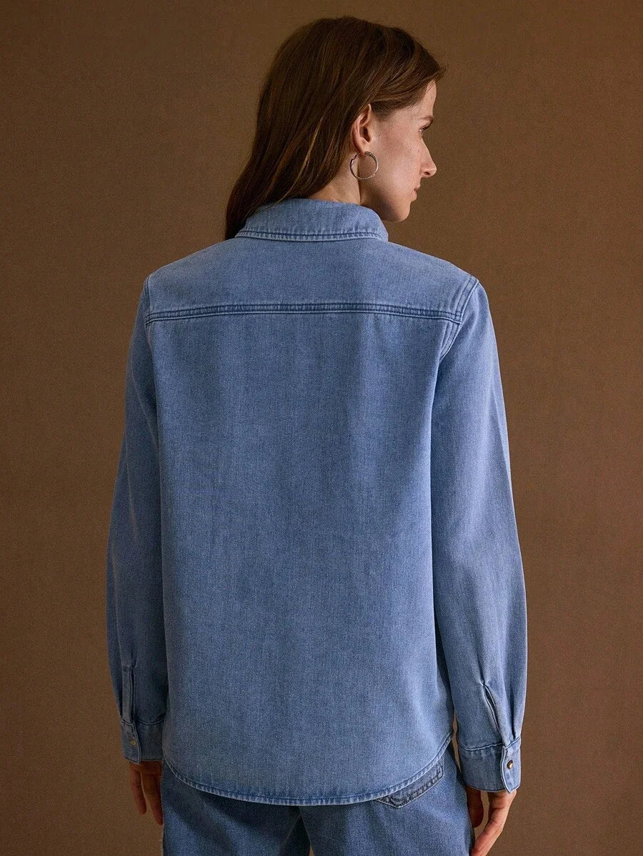PREMIUM EMBROIDERY BUTTON UP DENIM TOP