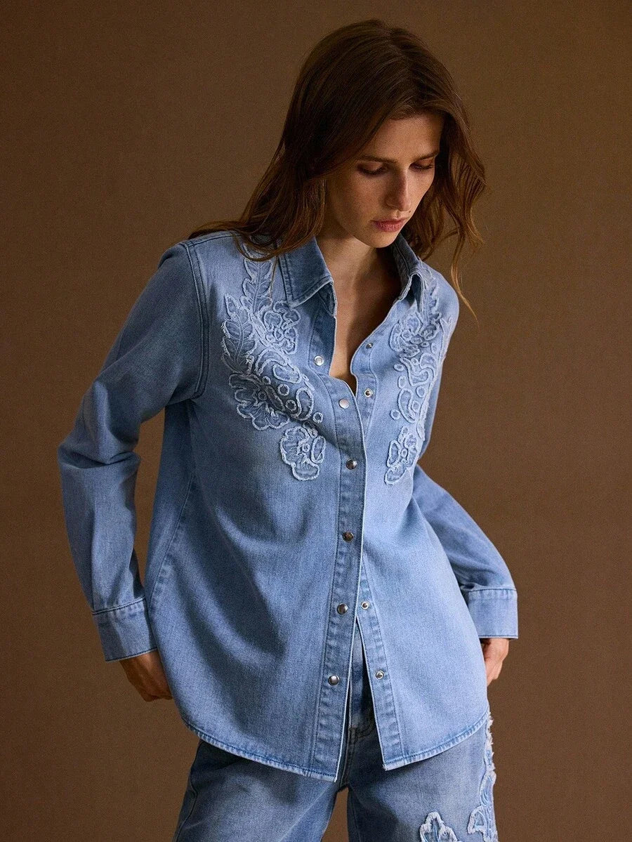 PREMIUM EMBROIDERY BUTTON UP DENIM TOP