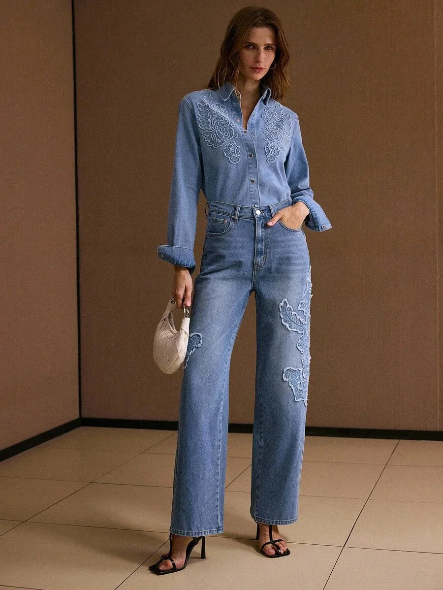 PREMIUM EMBROIDERY BUTTON UP DENIM TOP