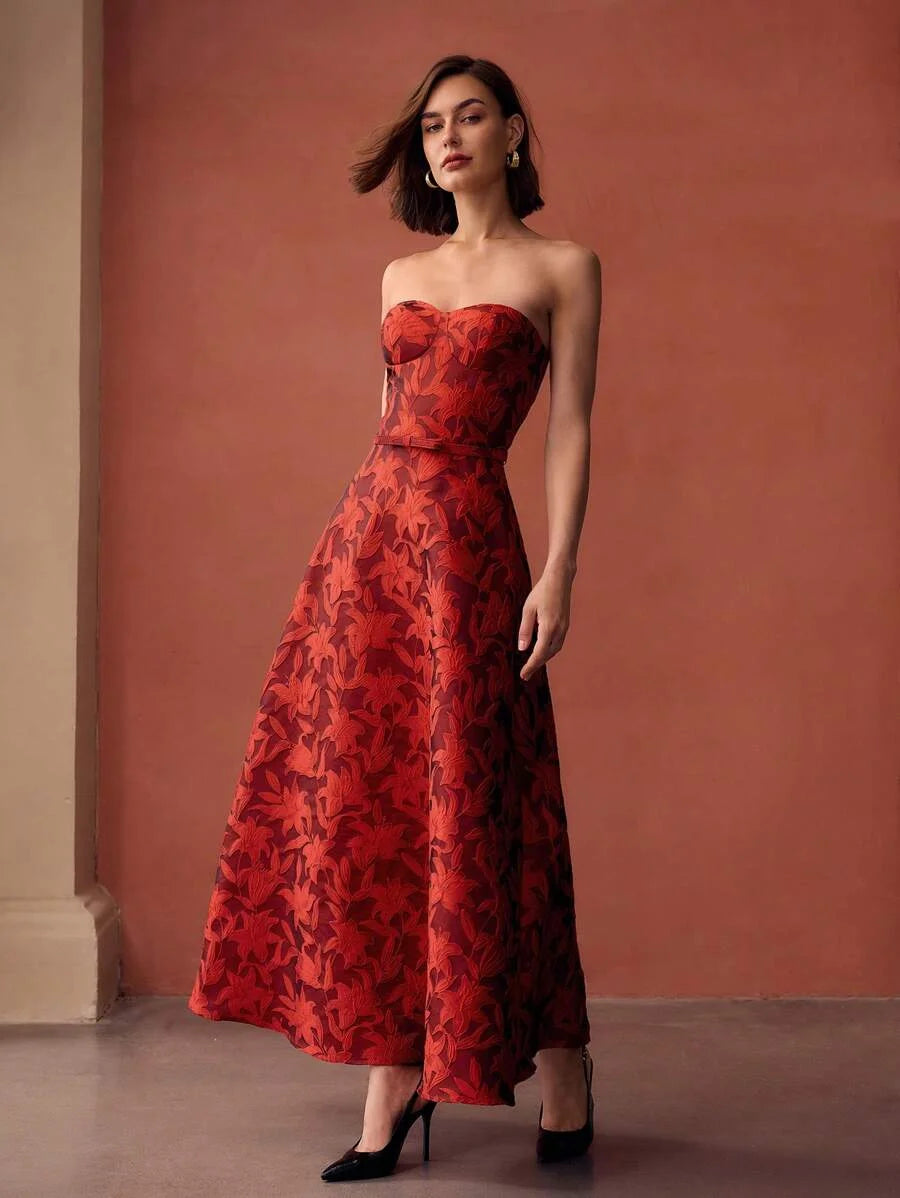 PREMIUM EMBROIDERY FLORAL PATTERN FLARE HEM BUSTIER TUBE LONG DRESS