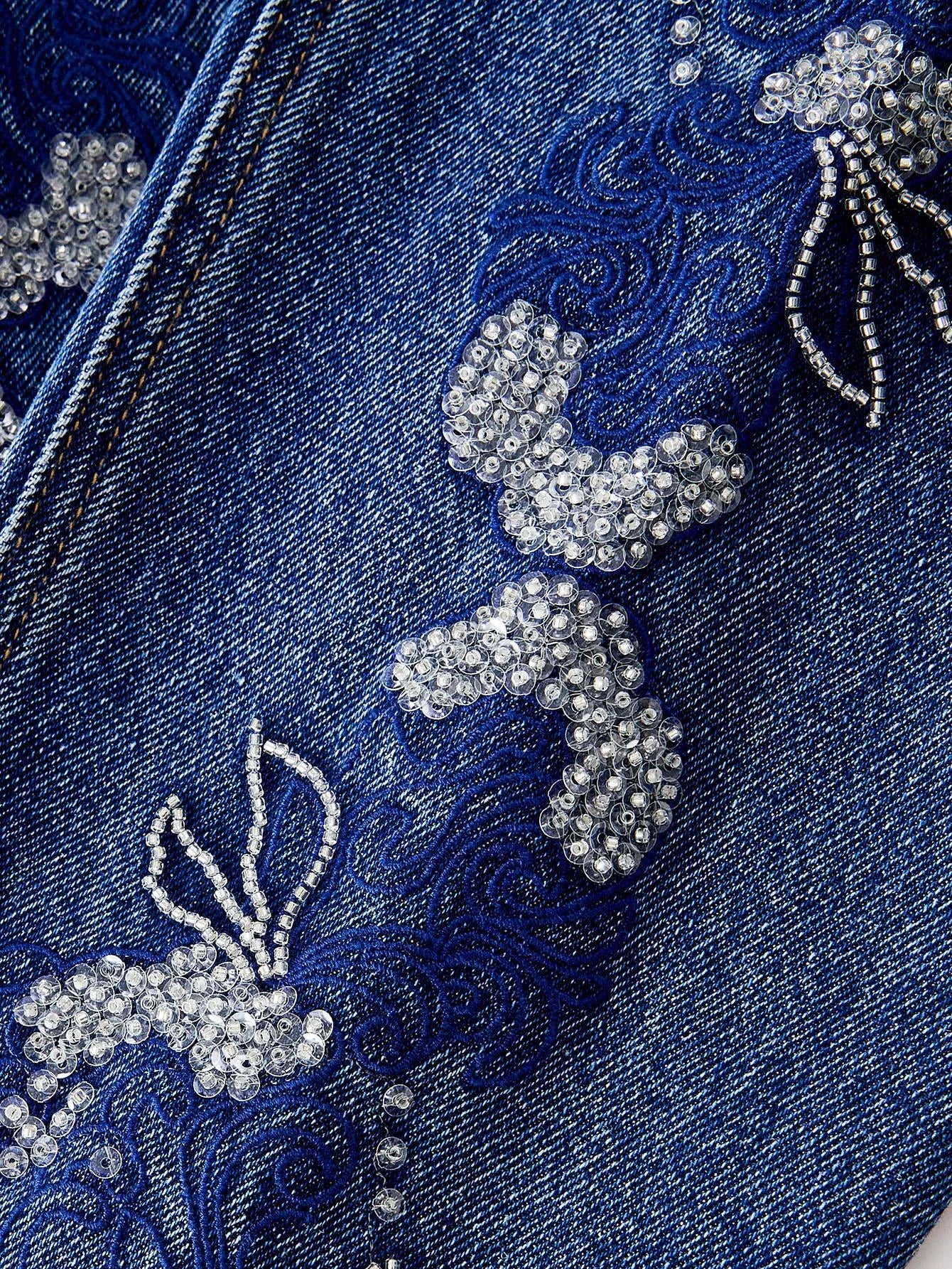 PREMIUM EMBROIDERY RHINESTONE DETAIL DENIM JACKET