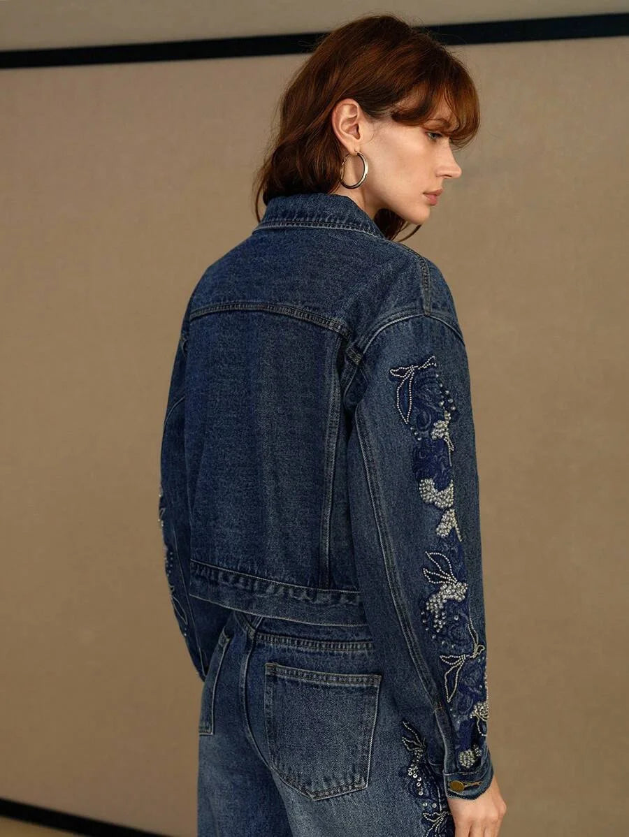 PREMIUM EMBROIDERY RHINESTONE DETAIL DENIM JACKET
